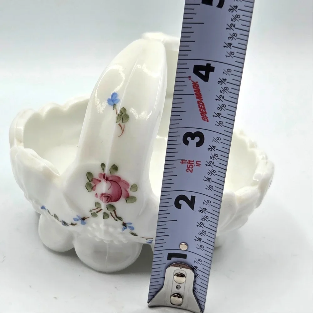 Vintage Westmoreland Milk Glass Hand Painted Roses & Bows Basket Candy Dish